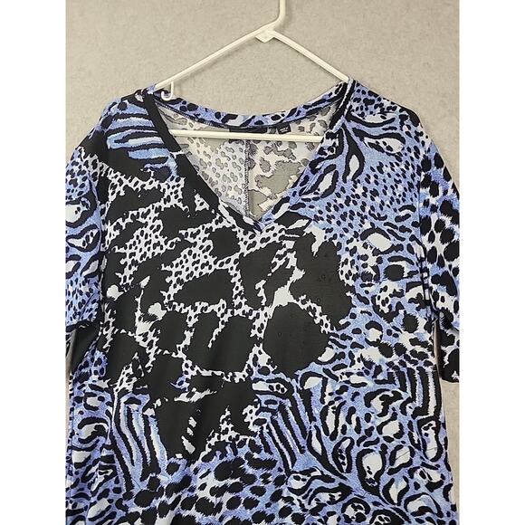 Attitudes Blue Animal Print Godet Midi Dress Women's Petite XL Stretch Pockets - Picture 3 of 13